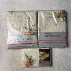 Vtg Sherwood Garden Percale Floral Sheet Set Fitted Flat Pillowcase Cottagecore